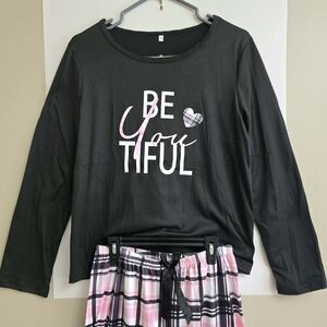 Black Long Sleeve Top with Pink Plaid Pajama Pants